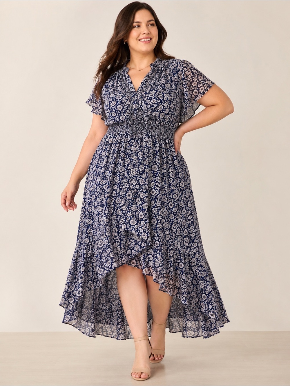 1.STATE Floral High Low Maxi Dress 1X Smocked Flutter Sleeve Romantic Boho